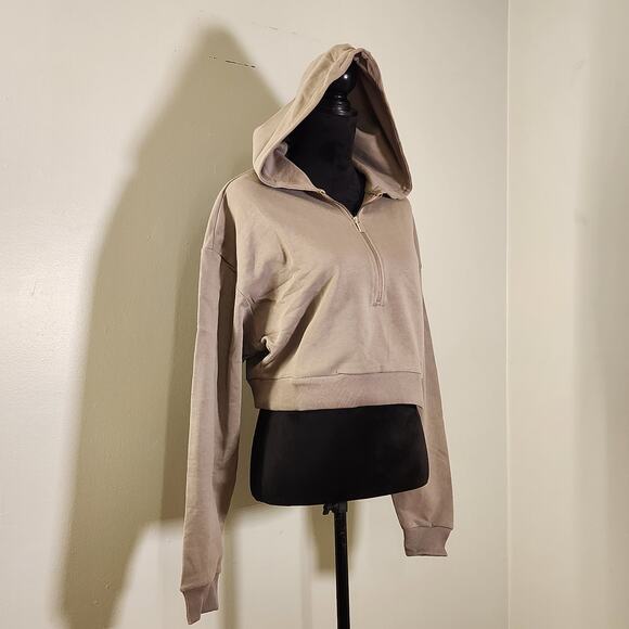 WEWOREWHAT Half Zip Cropped Fleece Hoodie in Stone, Size Large - Picture 5 of 14